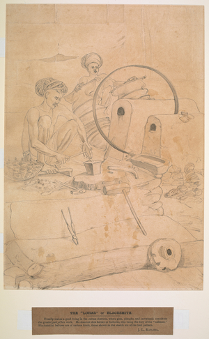 The Lohar, or blacksmith, hammering, with an assistant working the bellows. March 1872