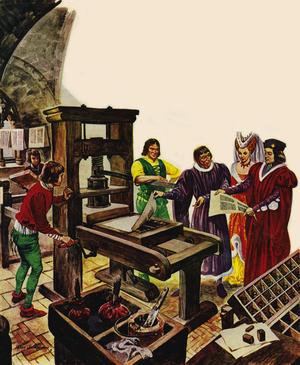 William Caxton showing off his printing press to King Edward IV and his Queen, Elizabeth (colour litho)