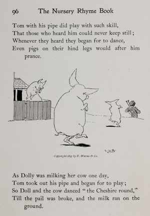 Three pigs following a man with bag pipes with one pig jumping over a fence.