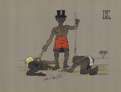Letter K, Kindly Kaffir King Keeping Kidnapped Kinsmen Kowtowing (colour litho)