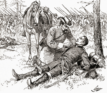 Confederate general John Brown Gordon (1832 -1904) assists wounded Union General Francis Channing Barlow (1834 -1896) on the battlefield on the first day of the Battle of Gettysburg during the American civil war.