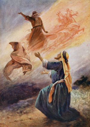 Elijah going to Heaven in a chariot of fire (colour litho)
