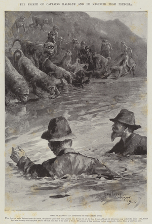 The Escape of Captains Haldane and Le Mesurier from Pretoria (litho)