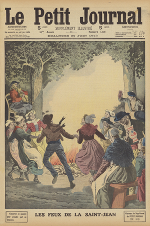 Bonfires in Brittany to celebrate the day of the birth of St John the Baptist (colour litho)
