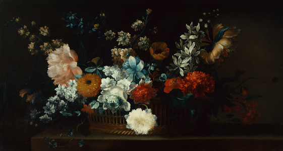 Peonies, Chrysanthemums and other flowers in a basket (oil on canvas)