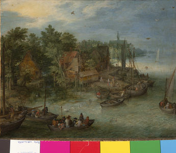 River Landscape with Landing, 1603 (Oil on Copper)