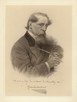 Portrait of Charles Dickens holding his pen (b/w photo)