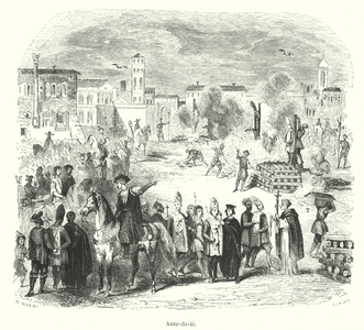 Auto-da-fe: execution of convicted heretics under the Inquisition (engraving)