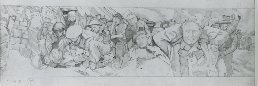 Advanced Dressing Station at the front and Germans taken prisoner after D-Day (pencil on paper)