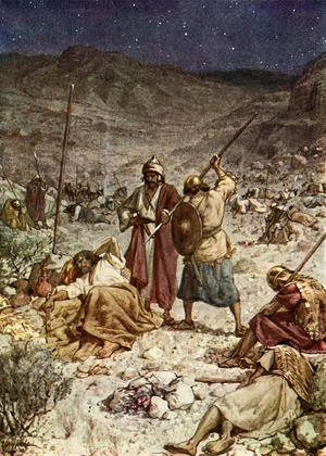 David spares the life of Saul. - Bible