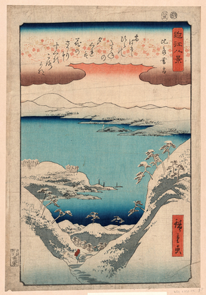 Hira No Bosetsu, Evening Snow at Hira. 1857., 1 Print : Woodcut, Color ; 37.2 X 25.4 ., Print Shows a Winter Scene with a Man Walking Down a Trail Through Mountains Toward a Large Body of Water.