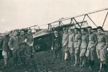 WWI 9 August 1918-The squadron 'Serenissima' the general Bongiovanni and Major Gabriele d'Annunzio between the pilots of the 'Serenissima'