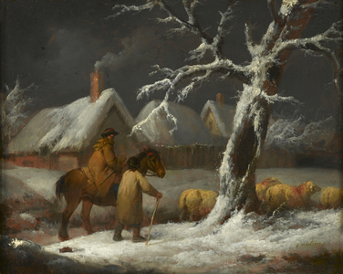 A winter landscape with figures and their sheep on a track (oil on panel)