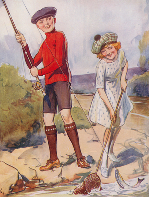 Boy and girl catching a fish (colour litho)