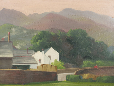 Landscape with Man fishing off a Bridge (oil on canvas)