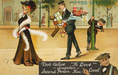 Husband weighed down with his wife's shopping (chromolitho)