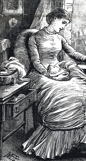 Woman pausing from her mending, 1881