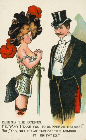 Man inviting an actress to have supper with him (colour litho)