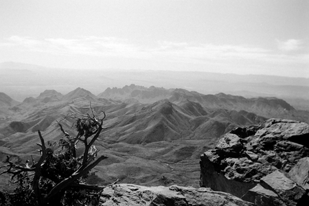 Hiking through Big Bend National Park, Lookinf toward Mexico, Texas, USA, 1964