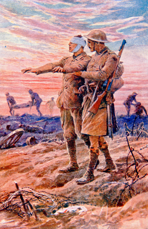 'When night sets in the sun is down' - British WWI postcard published on behalf of the National Institute for the Blind (colour litho)