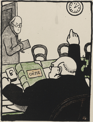 Une heure dix ... Monsieur vois ne faites plus partie de la maison!, 1902 (lithograph in black, green, and orange)