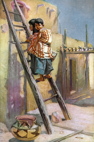 Young Native American girl and boy from the Hopi tribe, climbing a wooden ladder to enter their house, 1920 (print)