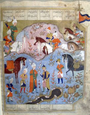 Meeting of Siyarvush and Afrasiyab from the Firdosi Shahnam,1565-66 (gouache with gold leaf on paper)