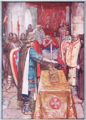 Harold's hand trembled as he laid them upon the little caskets, from A History of France published by Henry Frowde & Hodder & Stoughton, c.1920 (colour litho)