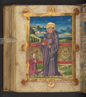 A female patron kneeling before St Leonard, Add. MS 24153, f.127v (ink & colour on parchment)