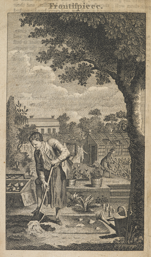 A gardener digging a patch in the grounds of an estate.