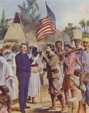 Henry Morton Stanley meets David Livingstone in darkest Africa, 1871 (colour litho)