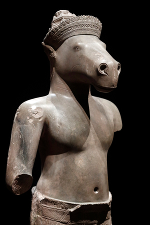 Asian Civilisations Museum, Angkor, Exploring Cambodia's sacred city,  Vishnu Hayagriva, Hybrid human-animal figure, Cambodia, mid-10th century, Sandstone,  Singapore,  2018 (photo)