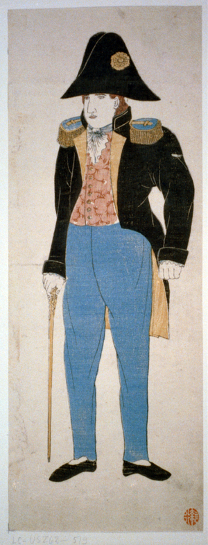 Japanese print shows full-length portrait of Commander Matthew Perry (1794-1858) in uniform, woodcut