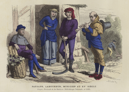 Peasants, labourer and musician, 15th Century (coloured engraving)