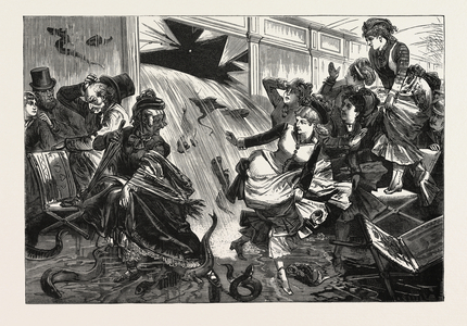 Exciting Scene at the New York Aquarium, Bursting of One of the Fish Tanks, Engraving 1876, US, USA, America, United States