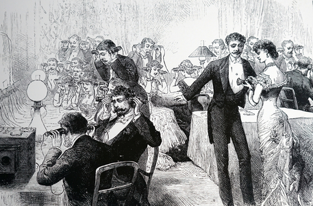 Exchanging New Year's greetings by telephone, 1882 (engraving)