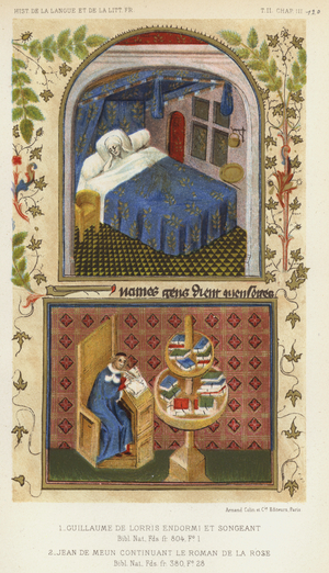 Guillaume De Lorris Endormi Et Songeant, Jean De Meun Continuant Le Roman De La Rose (colour litho)