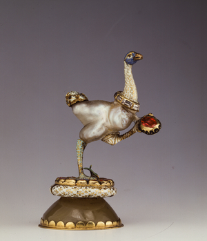 Enamelled gold mounted baroque pearl jewel in form of ostrich set with diamonds and rubies, 16th century