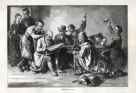 reading newspapers pubs inns NLI Magazine Plate, UK, 1870s