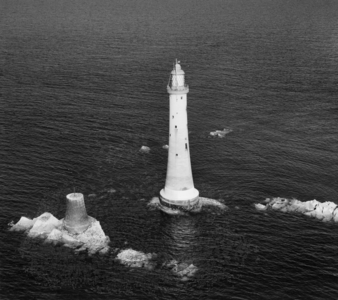 Eddystone Lighthouse and the foundations of Smeaton's Tower, Devon, UK, April 1948 (b/w photo)