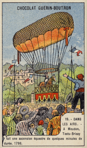 Testu-Brissy's balloon ascent on horseback, Meudon, France, 1798 (chromolitho)