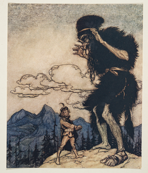 Pulling the piece of soft cheese out of his pocket, he squeezed it till the moisture ran out ..from The Fairy Tales of the Brothers Grimm, pub. 1909 (colour litho)
