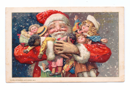 Edwardian Christmas postcard of Father Christmas holding lots of toys in his arms, c.1910 (colour litho)
