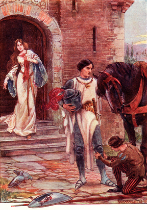 Lancelot and Elaine, illustration from 'The Gateway to Tennyson', publ. 1910 (colour litho)