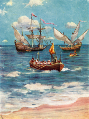 Vasco Da Gama landing near Calicut (colour litho)