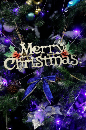 Christmas market, Christmas tree with decorations, Hanoi, Vietnam (photo)
