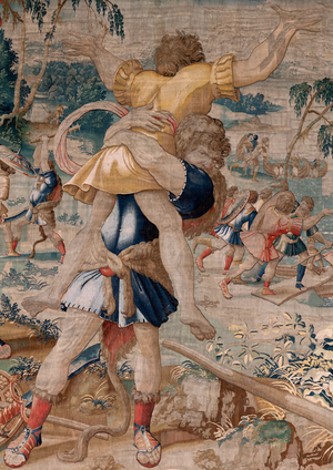Flemish tapestry. Series The Labours of Hercules. Hercules and Antaeus (Hércules y Anteo). Fourth tapestry in the extant series. ; Model Unknown. Manufacture Willem Dermoyen, Brussels. Ca 1528. Fabric Silk and wool. Size 362 x 403 cm. Location Royal Palace of Madrid. Origin Collection of Philip II. On display Royal Armoury.