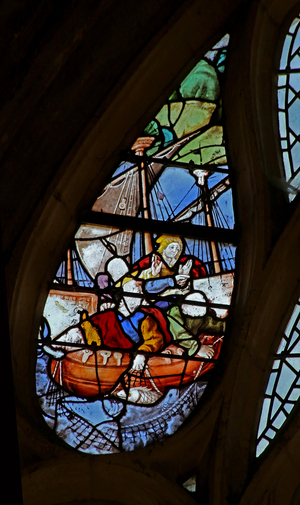 Window w21 depicting Christ gets St Peter to walk on water - a detail (stained glass)