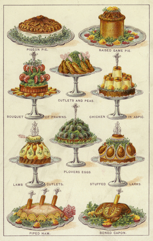 Meat and seafood dishes (colour litho)