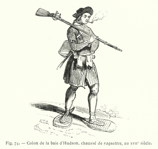 Colon de la baie d'Hudson, chausse de raquettes, au XVIIe siecle (engraving)